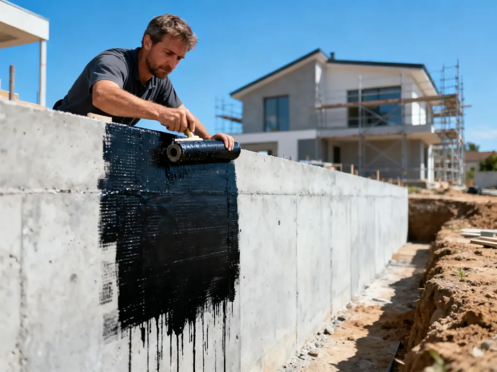 Pracownik budowlany nakłada czarną masę hydroizolacyjną na betonową ścianę fundamentową nowoczesnego domu.
