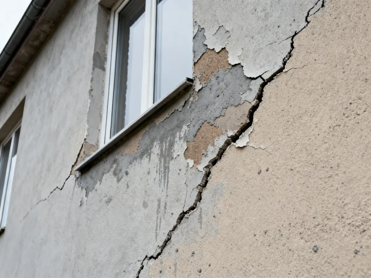 Ukośne pęknięcia elewacji wychodzące z naroży okna