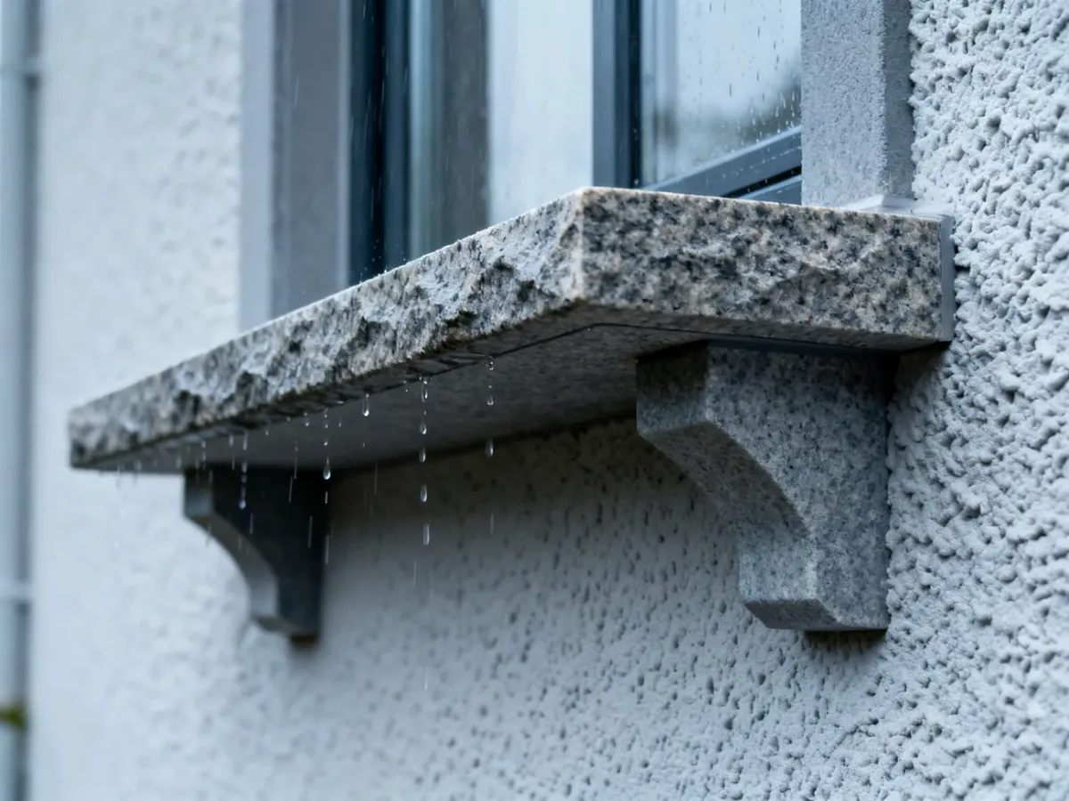 Kamienny parapet z prawidłowo wykonanym kapinosem odprowadzającym wodę od elewacji