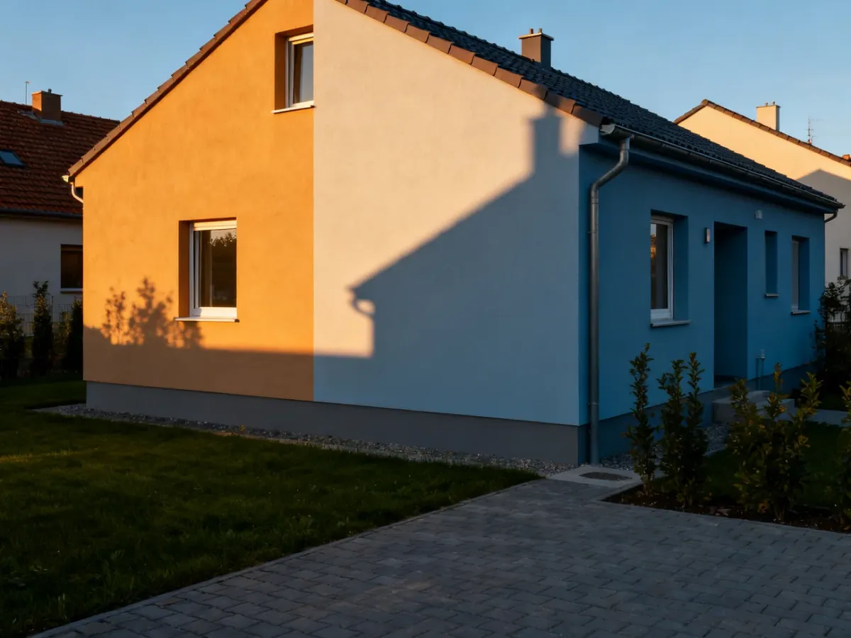 Elewacja domu wyglądająca inaczej w słońcu i cieniu
