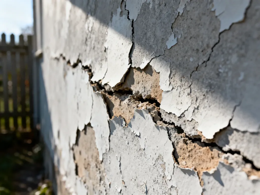 Zbliżenie na łuszczącą się i popękaną farbę elewacyjną, ukazujące zniszczoną strukturę tynku po zimie.