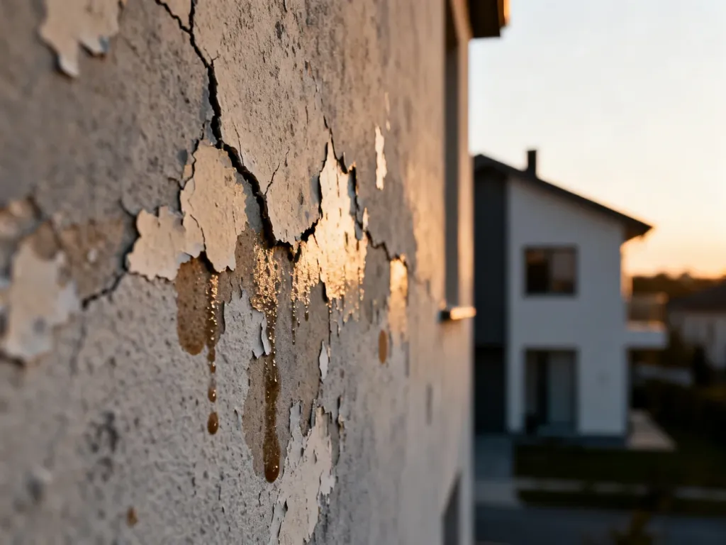 Zniszczona elewacja z widocznymi pęknięciami, łuszczącą się farbą i zawilgoceniami wymagająca oceny stanu technicznego.