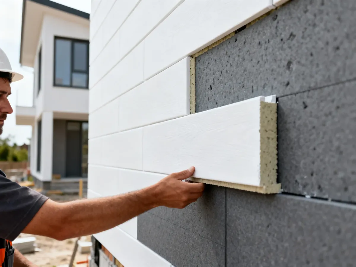 Montaż białych i grafitowych płyt styropianowych na elewacji domu