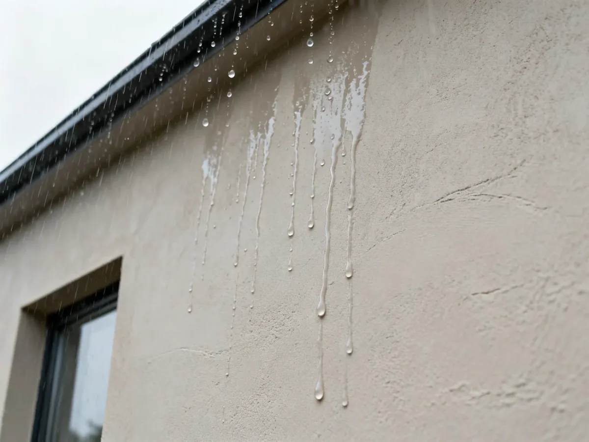 Krople deszczu spływające po hydrofobowej elewacji