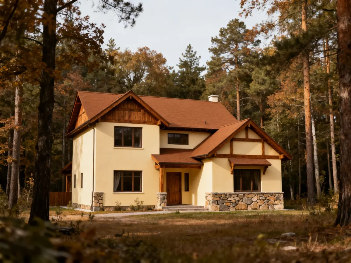 Tradycyjny dom w naturalnych kolorach w otoczeniu drzew