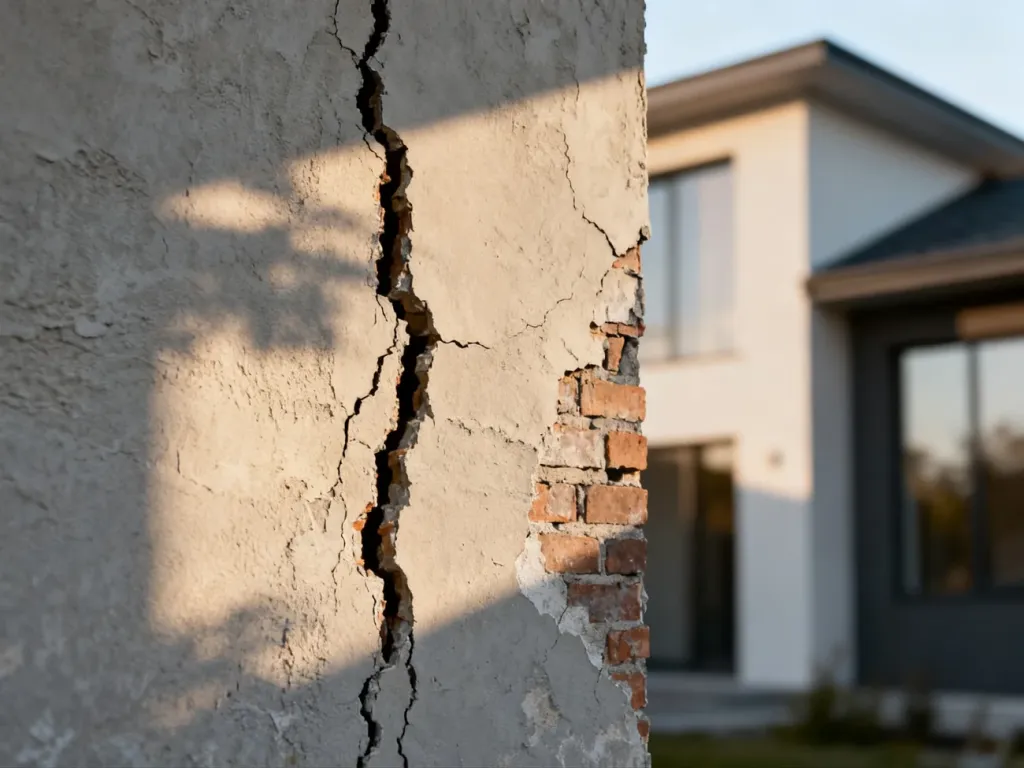 Głębokie pęknięcia tynku na elewacji budynku, odsłaniające warstwy cegieł. Obraz ilustruje uszkodzenia strukturalne ściany.