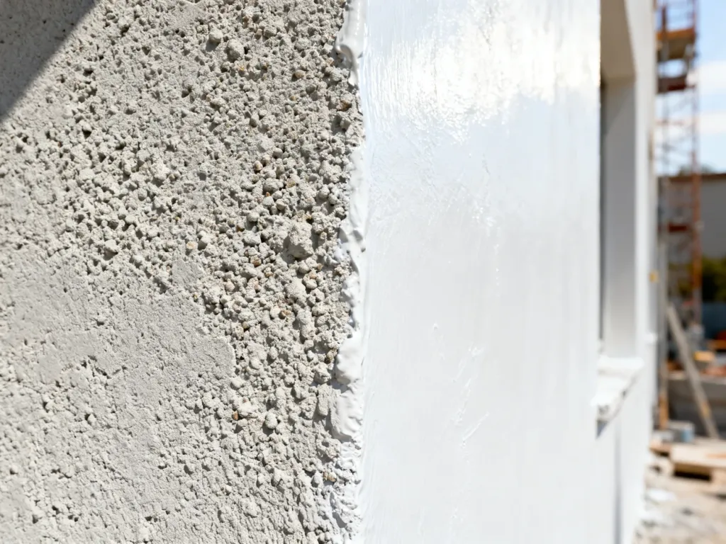 Porównanie faktur tynku: po lewej szorstki tynk mineralny, po prawej gładki i połyskujący tynk akrylowy.