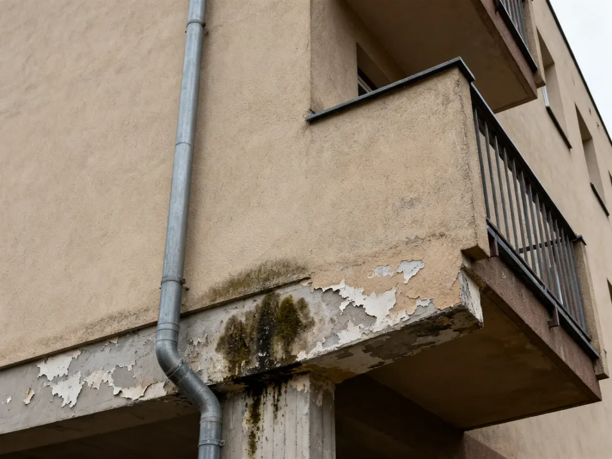 Inspekcja zawilgoconej i uszkodzonej elewacji domu typu kostka