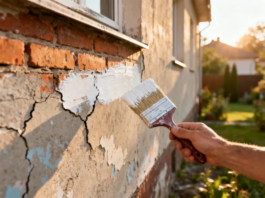 Dłoń malarza z pędzlem nakłada świeżą białą farbę na zniszczoną elewację domu z lat 70., symbolizując proces renowacji.