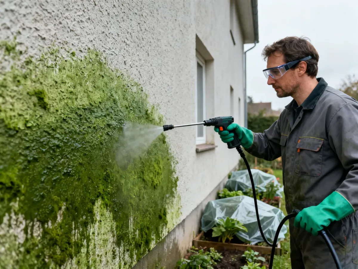 Czyszczenie elewacji z zielonego nalotu myjką ciśnieniową