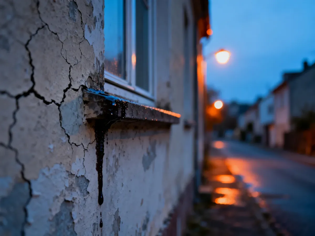 Zaciek na elewacji budynku pod parapetem okiennym, wskazujący na problem z wilgocią i nieszczelnością.