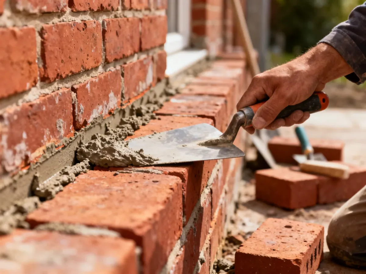Fachowiec uzupełniający spoiny starej elewacji z cegły zaprawą renowacyjną