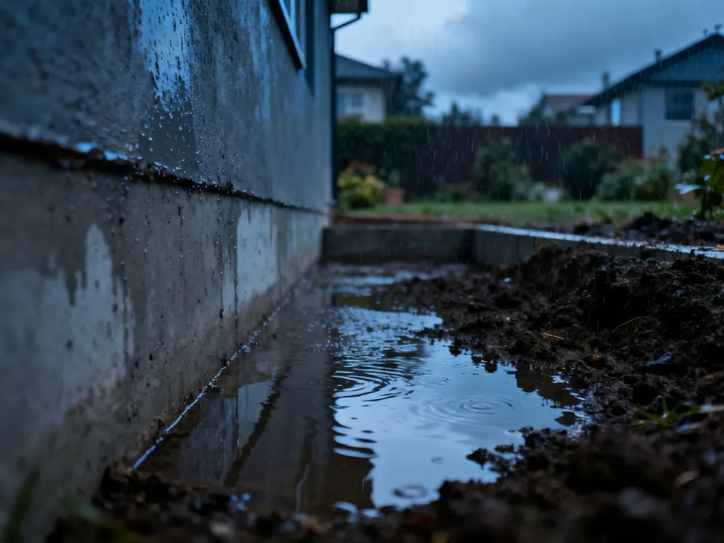 Stojąca woda przy fundamencie domu podczas ulewnego deszczu, obrazująca problem niewłaściwego odprowadzania wilgoci.