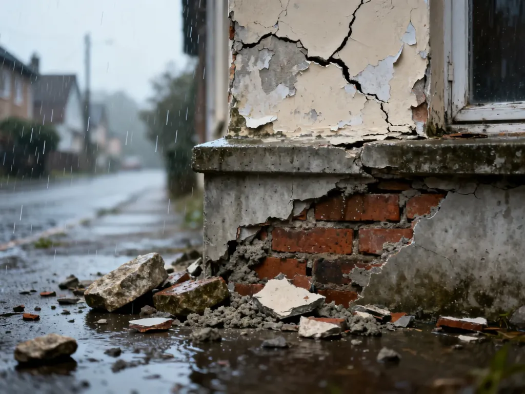 Uszkodzony i odspajający się tynk na cokole budynku z widocznymi zawilgoceniami oraz kruszącą się zaprawą murarską.
