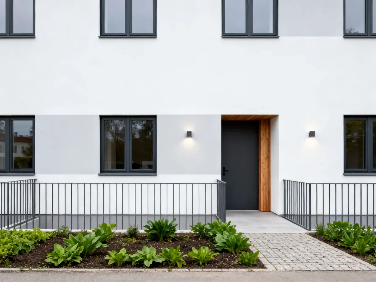 Odnowiona elewacja modernistycznego domu kostki w jasnych kolorach